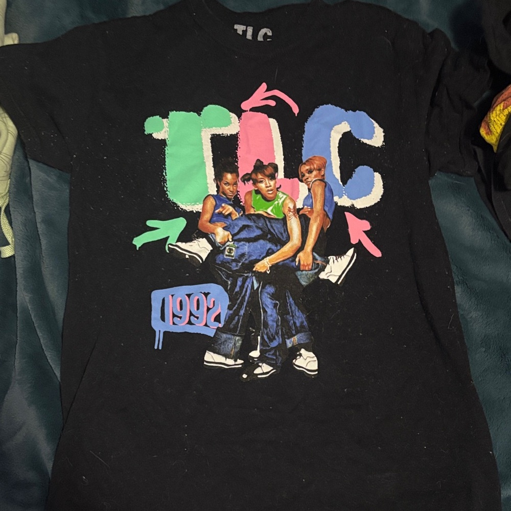 TLC Black Tee with Neon Pink Green Blue Graphic